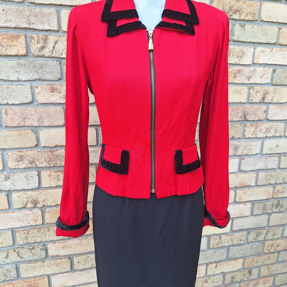 2 Piece Scarlett Red Blazer W/ Black Trim And Black Skirt